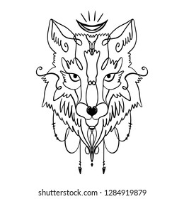 Patterned head of the wolf mask, animal face on white background. Antistress coloring picture. African or indian totem, boho style, flash tattoo design. Antistress art. Good for t-shirt design, bag