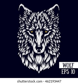 Patterned head of the wolf, vector illustration in line style. Sketch for adult antistress coloring page, tattoo, poster, print, t-shirt and so on.