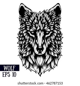 Patterned head of the wolf, vector illustration in line style. Sketch for adult antistress coloring page, tattoo, poster, print, t-shirt and so on.