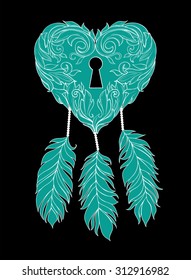 Patterned heart with ornaments with feathers