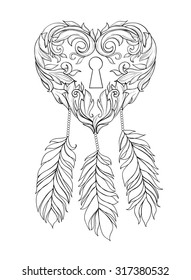 Patterned heart with ornaments with feathers