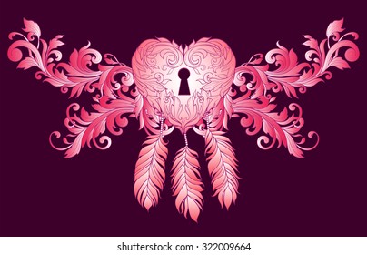 Patterned heart with ornaments with feathers and vintage pattern