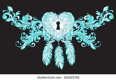 Patterned heart with ornaments with feathers and vintage pattern on black