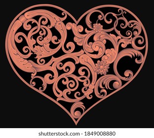 Patterned heart. Valentine's card. Hand drawn engraving. Editable vector vintage illustration. Isolated on black background. 8 EPS