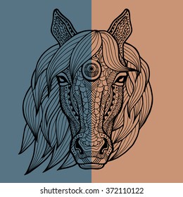 Patterned horse. Head of a horse with a mane made asymmetrical blue-brown background with a black stroke. Tribal ornament painted by hand. Victor. Series abstract wildlife pattern. Logos. Icon. 
