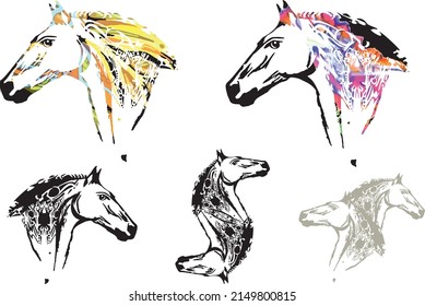 Patterned horse head symbols on a white background for prints or sport emblems. Textured stallion heads and double horse icons for logos, fashion, textiles, wallpaper, interior solutions, fabric, etc.