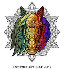 Patterned horse head in zentangle style of ornamental background with gradient from green to purple. Tribal ornament painted by hand. Ethnic illustration animal. African, Indian pattern. Logo. Vector