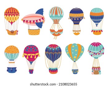 Globos de aire caliente con patrones. Transporte volador vintage, objetos decorativos coloridos brillantes, métodos de viaje retro romántico, recorridos turísticos, cartografía vectorial conjunto aislado