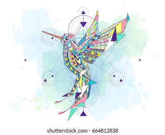 Patterned hummingbird with geometry on the grunge background. African, indian, totem, tattoo design. It may be used for design of a t-shirt, bag, postcard, a poster and so on.  