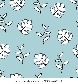 Patterned illustration of black and white monstera leaves and twigs on a colored background