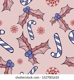 Patterned illustration of Christmas wallpaper with the image of caramel, colorful candies, snowflakes and Christmas mistletoe