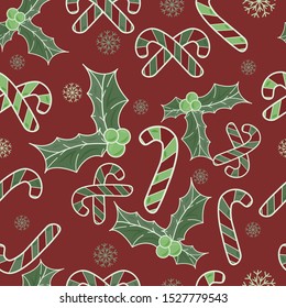 Patterned illustration of Christmas wallpaper with the image of caramel, colorful candies, snowflakes and Christmas mistletoe