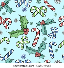 Patterned illustration of Christmas wallpaper with the image of caramel, colorful candies, snowflakes and Christmas mistletoe
