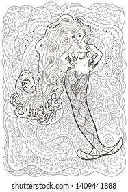 Patterned illustration of a mermaid in the tangle style. Drawing with a beautiful underwater girl with high details. Adult antistress coloring page. Colouring book for grown ups. Vector