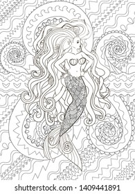 Patterned illustration of a mermaid in the tangle style. Drawing with a beautiful underwater girl with high details. Adult antistress coloring page. Colouring book for grown ups. Vector