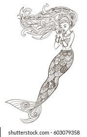 Patterned illustration of a mermaid in the zentangle style. Sketch for tattoo, poster, print, t-shirt in tracery style. Adult antistress coloring page. Colouring book for grown ups or children. Vector