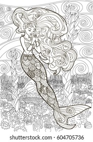 Patterned illustration of a mermaid in the zentangle style. Drawing with a beautiful underwater girl with high details. Adult antistress coloring page. Colouring book for grown ups. Vector