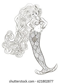 Patterned illustration of a mermaid in the zentangle style isolated on white background. Sketch for tattoo, poster, print, t-shirt. Adult antistress coloring page. Colouring book for grown ups. Vector