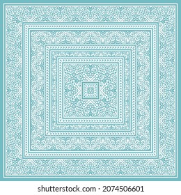 Patterned illustration for a scarf, napkin, linen and any textile. Decorative detailed square background. Square frames of different sizes. Complex graphic design. Eps10 vector.