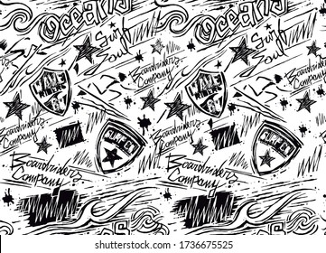 Patterned illustration of shields and surfers and elements about surf scribbled in sketch style.