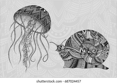 Patterned jellyfish and snail. Tattoo design. It may be used for design of a t-shirt, bag, postcard, a poster and so on.