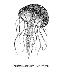 Patterned jellyfish. Tattoo design. It may be used for design of a t-shirt, bag, postcard, a poster and so on.