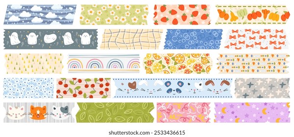 Patterned kawaii washi tapes. Decorative sticky strips. Scrapbooking elements. Stationery plaster. Ripped scotch parts. Journal and diary completion. Childish print