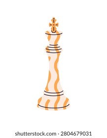 Patterned King chess piece. Ornamented wooden chessman. Colourful chessboard figure. Figurine for playing board game. Checkmate element. Flat isolated vector illustration on white background