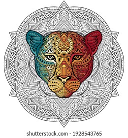 Patterned leopard head in the zentangle style of a white background passing with colorful gradient . Tribal ornament painted by hand. Series ethnic animals. African, Indian. Mandala. Ornament.  Vector