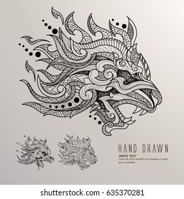 Patterned lion head on background. Tattoo design. It may be used for design of a t-shirt, bag, postcard, a poster and so on.