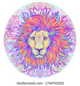 Patterned lion head over ornate mandala. African, Indian, totem, tattoo, sticker  design. Design of t-shirt, bag, postcard and poster. Vector isolated illustration in bright colors. Zodiac sign Leo.