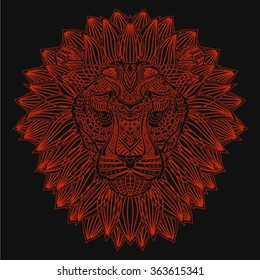 Patterned lion's head with orange stroke on black background. Abstract ethnic picture lion's head with tribal ethnic ornament. Ornament is painted by hand. Vector. Logo. Icon.