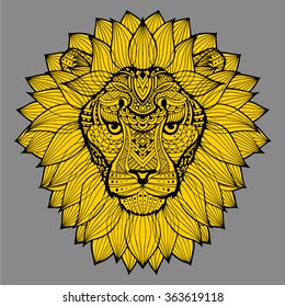 Patterned lion's head yellow with a black stroke on the gray background. Abstract ethnic picture lion's head with tribal ethnic ornament. The ornament is painted by hand. Vector. Logo. Icon.
