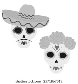 Patterned Male and Female Skull in sombrero and floral wreath Day of the dead Cute character Set 2