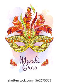 Patterned mask on the grunge background. Mardi Gras festival. Tattoo design. It may be used for design of a t-shirt, bag, postcard, a poster and so on