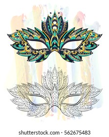 Patterned mask on the grunge background. Mardi Gras festival. Tattoo design. It may be used for design of a t-shirt, bag, postcard, a poster and so on