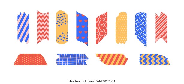 Patterned masking tape piece set. Decorative scotch stripes with torn jagged edges. Plastic duct tape band collection. Sticky adhesive washi stripes for package wrap, blank tag, label, sticker. Vector