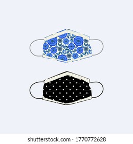 Patterned masks isolated on grey background. Vector illustration of fun, fashionable face masks for Coronavirus safety. Polka dot and floral pattern design. Editorial, magazine, social media, poster. 