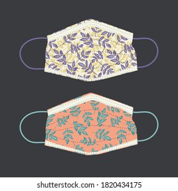 Patterned masks isolated on grey background. Vector illustration of fun, fashion face masks for Coronavirus safety, made with leafy branches print fabric. Editorial, magazine, social media, posters.