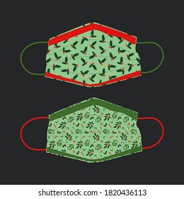 Patterned masks isolated on grey background. Vector illustration of fun, fashion face masks for Coronavirus safety, made with holly and mistletoe print fabrics for autumn/fall/winter holidays.