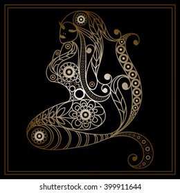 Patterned mermaid in floral style. Suitable for invitation, flyer, sticker, poster, banner, card,label, cover, web. Vector illustration.