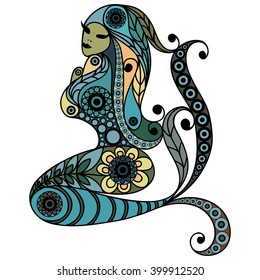 Patterned mermaid in floral style. Suitable for invitation, flyer, sticker, poster, banner, card,label, cover, web. Vector illustration.