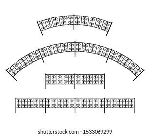 Patterned metal fence for a city street. Straight and arched shape. Isolated black object. Vector flat illustration for design.