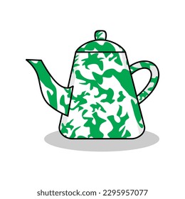 patterned metal kettle vector illustration green, vintage, unique, antiques collection.