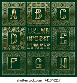 Patterned monogram kit. Golden letters and ornamental square frames for creating initial logo in vintage oriental style.