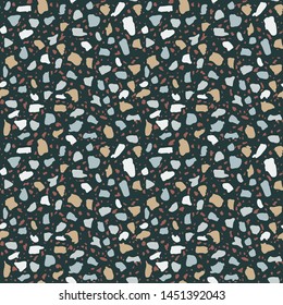 Patterned mosaics stone floors and terrazzo tiles. Different colored chips from stone, glass, marble and granite. Kitchen and bathtubs surfaces print. Seamless pattern with black color.