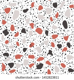Patterned mosaics stone floors and terrazzo tiles. Different colored chips from stone, glass, marble and granite. Kitchen and bathtubs surfaces print. Seamless pattern in black and white.