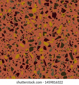 Patterned mosaics stone floors and terrazzo tiles. Different colored chips from stone, glass, marble and granite. Kitchen and bathtubs surfaces print. Seamless pattern in brown colour.