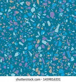 Patterned mosaics stone floors and terrazzo tiles. Different colored chips from stone, glass, marble and granite. Kitchen and bathtubs surfaces print. Seamless pattern in blue colour.