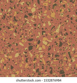 Patterned mosaics stone floors and terrazzo tiles. Different colored chips from stone, glass, marble and granite. Kitchen and bathtubs surfaces print. Seamless pattern in brown colour.